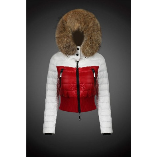 Women Moncler Down Jacket With Raccoon Fur Collar White Red