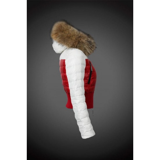 Women Moncler Down Jacket With Raccoon Fur Collar White Red