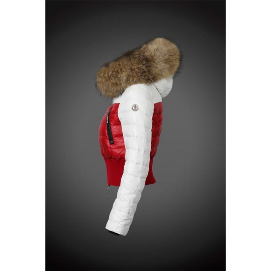 Women Moncler Down Jacket With Raccoon Fur Collar White Red