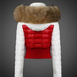 Women Moncler Down Jacket With Raccoon Fur Collar White Red