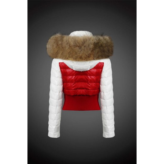 Women Moncler Down Jacket With Raccoon Fur Collar White Red