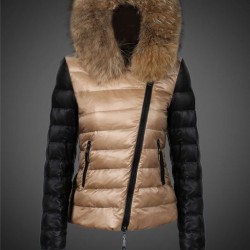 Women Moncler Down Jacket With Raccoon Fur Collar Black Apricot