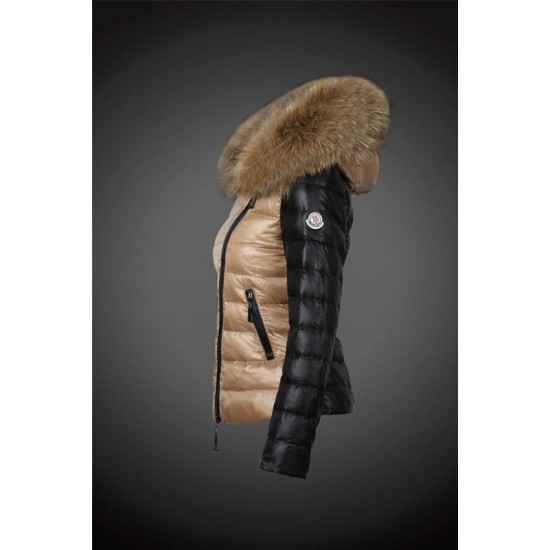 Women Moncler Down Jacket With Raccoon Fur Collar Black Apricot