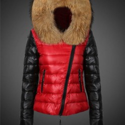 Women Moncler Down Jacket With Raccoon Fur Collar Black Red