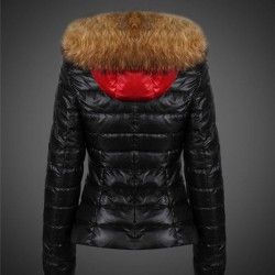 Women Moncler Down Jacket With Raccoon Fur Collar Black Red