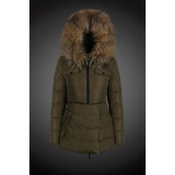 Women Moncler Long Down Coats With Raccoon Fur Collar Army Green