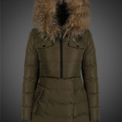 Women Moncler Long Down Coats With Raccoon Fur Collar Army Green