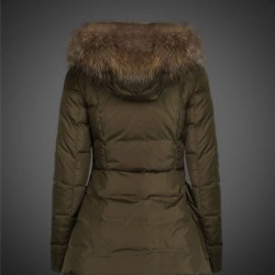 Women Moncler Long Down Coats With Raccoon Fur Collar Army Green