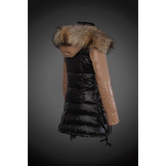 Women Moncler Long Down Coats With Raccoon Fur Collar Black Brown