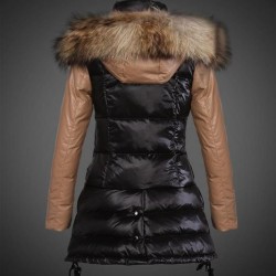 Women Moncler Long Down Coats With Raccoon Fur Collar Black Brown