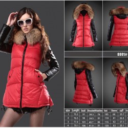 Women Moncler Long Down Coats With Raccoon Fur Collar Red Black