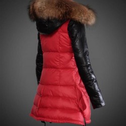 Women Moncler Long Down Coats With Raccoon Fur Collar Red Black