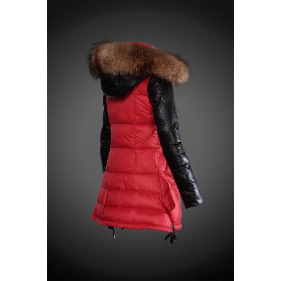 Women Moncler Long Down Coats With Raccoon Fur Collar Red Black