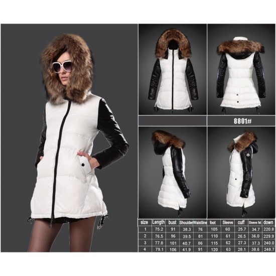 Women Moncler Long Down Coats With Raccoon Fur Collar White Black