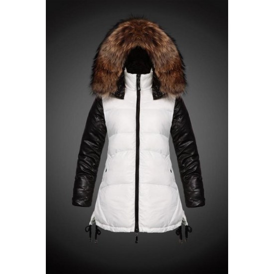 Women Moncler Long Down Coats With Raccoon Fur Collar White Black