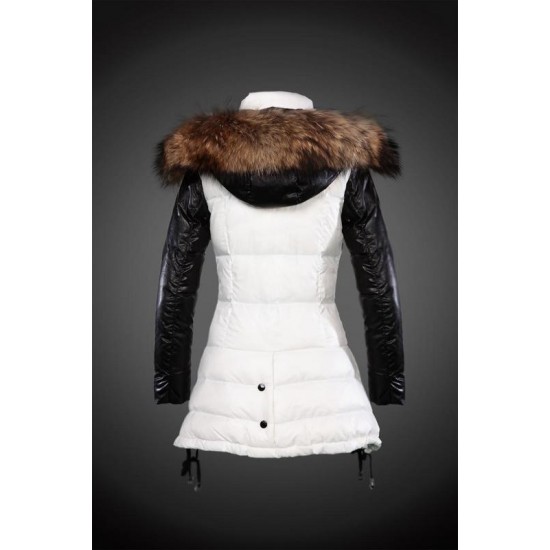 Women Moncler Long Down Coats With Raccoon Fur Collar White Black