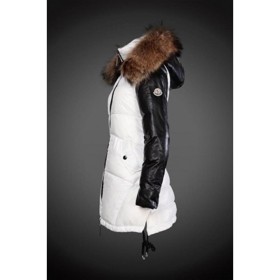 Women Moncler Long Down Coats With Raccoon Fur Collar White Black