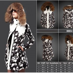 Women Moncler Long Down Coats With Raccoon Fur Collar Black White