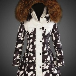 Women Moncler Long Down Coats With Raccoon Fur Collar Black White