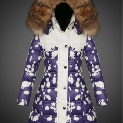 Women Moncler Long Down Coats With Raccoon Fur Collar Blue White