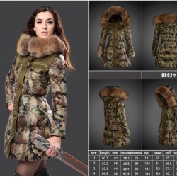 Women Moncler Long Down Coats With Raccoon Fur Collar Camouflage