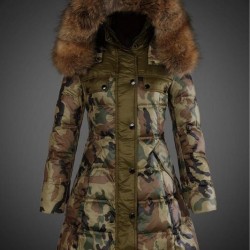 Women Moncler Long Down Coats With Raccoon Fur Collar Camouflage