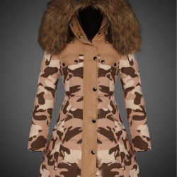 Women Moncler Long Down Coats With Raccoon Fur Collar Light Tan