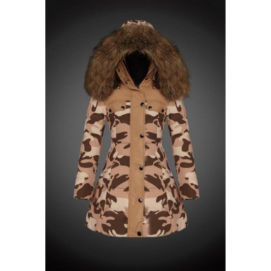 Women Moncler Long Down Coats With Raccoon Fur Collar Light Tan