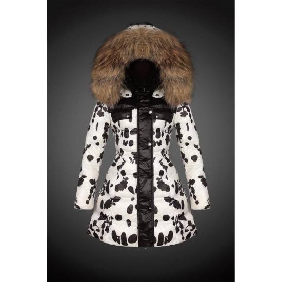 Women Moncler Long Down Coats With Raccoon Fur Collar White Black