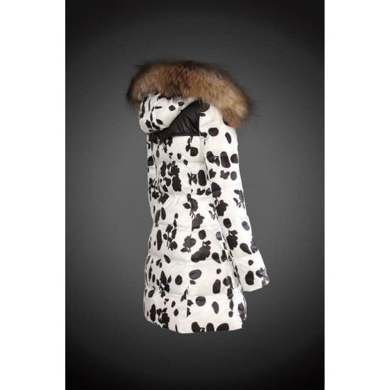 Women Moncler Long Down Coats With Raccoon Fur Collar White Black