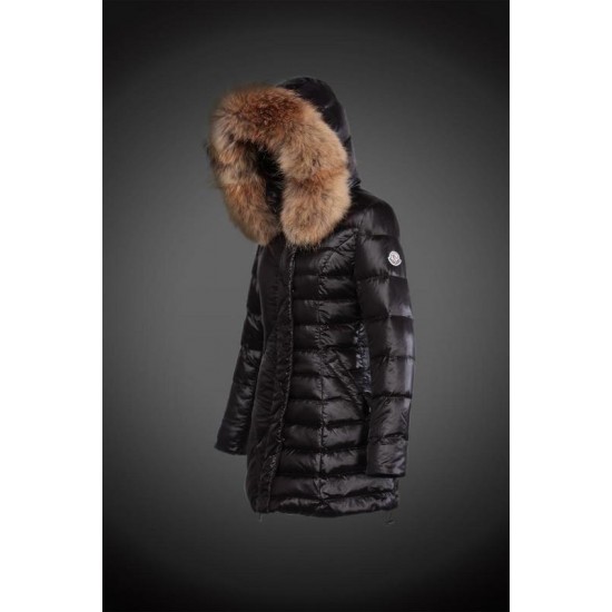 Women Moncler Long Down Coats With Raccoon Fur Collar Black