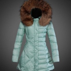 Women Moncler Long Down Coats With Raccoon Fur Collar Green