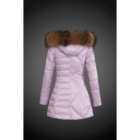 Women Moncler Long Down Coats With Raccoon Fur Collar Pink