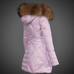 Women Moncler Long Down Coats With Raccoon Fur Collar Pink