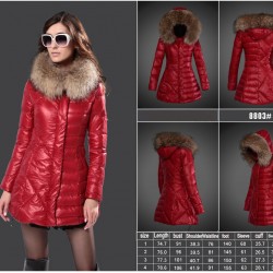 Women Moncler Long Down Coats With Raccoon Fur Collar Red