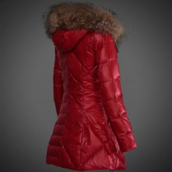 Women Moncler Long Down Coats With Raccoon Fur Collar Red