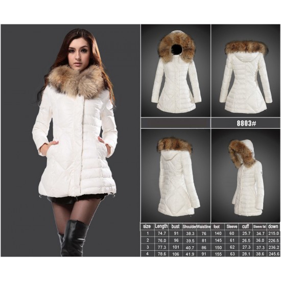 Women Moncler Long Down Coats With Raccoon Fur Collar White