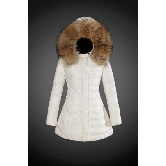 Women Moncler Long Down Coats With Raccoon Fur Collar White