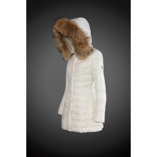 Women Moncler Long Down Coats With Raccoon Fur Collar White