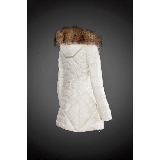 Women Moncler Long Down Coats With Raccoon Fur Collar White