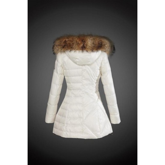 Women Moncler Long Down Coats With Raccoon Fur Collar White