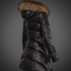 Women Moncler Long Down Coats With Raccoon Fur Collar Black