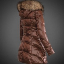 Women Moncler Long Down Coats With Raccoon Fur Collar Brown