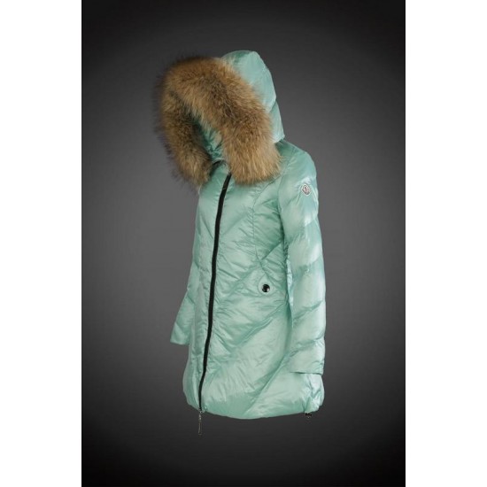 Women Moncler Long Down Coats With Raccoon Fur Collar Green