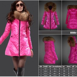 Women Moncler Long Down Coats With Raccoon Fur Collar Pink