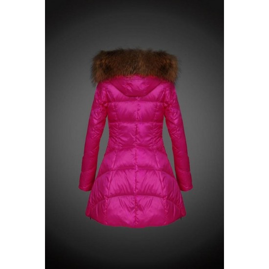 Women Moncler Long Down Coats With Raccoon Fur Collar Pink