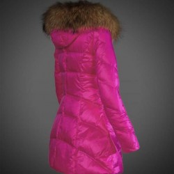 Women Moncler Long Down Coats With Raccoon Fur Collar Pink