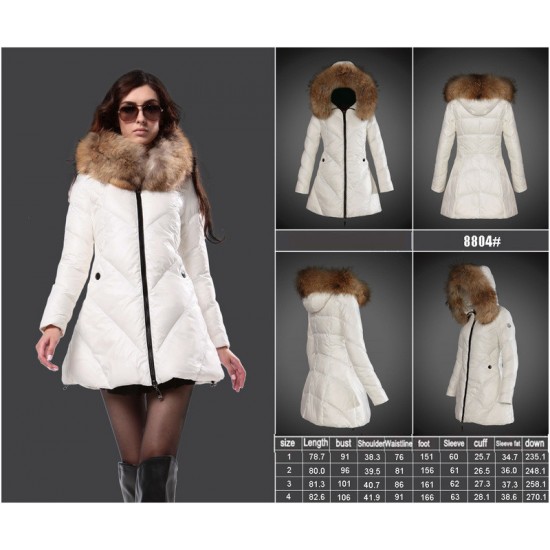 Women Moncler Long Down Coats With Raccoon Fur Collar White