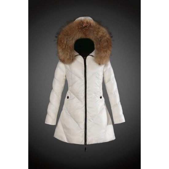 Women Moncler Long Down Coats With Raccoon Fur Collar White