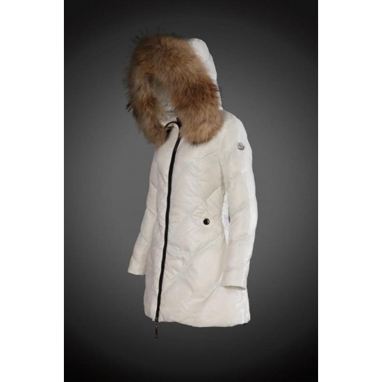 Women Moncler Long Down Coats With Raccoon Fur Collar White